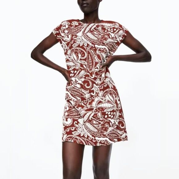 Zara Dresses & Skirts - NWT ZARA Basic Embroidered Knit Sheath Dress (L) in Burnt Brick & White Paisley